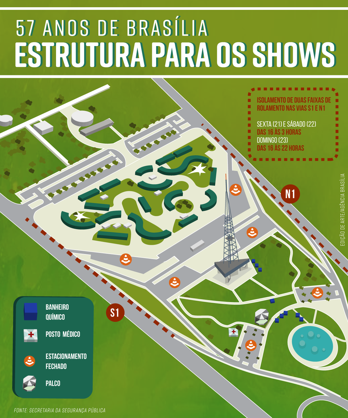 Mapa da estrutura para shows do aniversário de Brasília em 2017