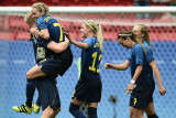 Suecas comemoram a classificação para as semifinais do torneio olímpico de futebol feminino