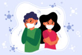 Concerned unhappy people feeling anxiety and fear about corona virus. Man and woman wearing face medical masks. Vector illustration for coronavirus panic attack and warning concepts